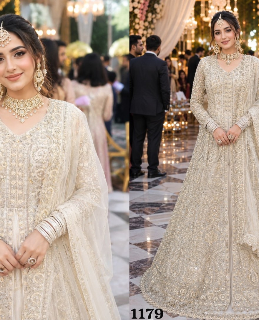 Off White - Off White Net Readymade Lehenga Choli with Diamond, Embroidered and Sequins Work